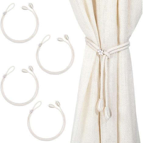 Lot de 4 Attache Rideau Blanc, Embrasse Rideau Tressée Style Bohème, Pince Rideau sans Perçage pour Salon et Chambre, Décoration de Fenêtre Élégante et Pratique (1/5)