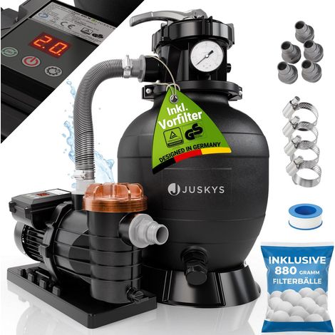 Juskys® Sandfilteranlage 400 W - inkl. Timer-Funktion & Pre-Filter, Poolfilteranlage für effiziente Filtration mit 7-Wege-Ventil, kompakt