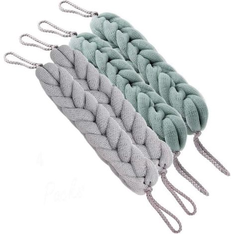 paquets gris + 2 paquets verts Éponge à dos extensible longue avec poignées en corde, éponge exfoliante en filet pour le corps, le bain et la douche, gommage extensible tressé pour les toilettes (1/5)