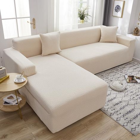 Housse de canapé extensible en jacquard pour canapés d'angle – Tissu épais, doux et confortable – Résistante aux griffures de chat – Idéale pour le salon – Lavable en machine (Beige clair, Canapé 2 pl