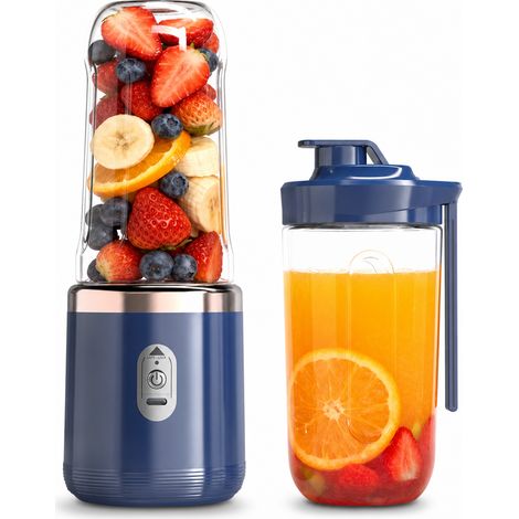 Blender portable rechargeable bleu, 6 lames en acier inoxydable 304, 2 gobelets et couvercle sport (1/5)