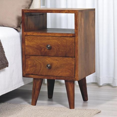 Solid Wood Mini Classic Chestnut Bedside, 2 Drawers and Open Slot, Dark Brown (1/5)