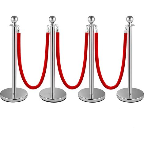 Lot de 4 Poteau de Guidage barrière Barrière de Queue pour Contrôle de Foule, Séparation de Guidage avec 3 Corde en Velour Rouge, Injection de Sable Base Creuse (Argent) (1/5)
