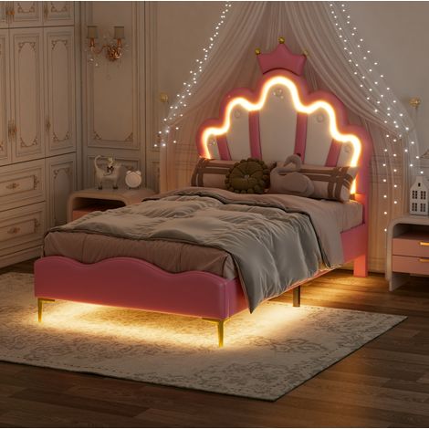 Lit princesse 90 x 200 cm en cuir régénéré rose, structure MDF et métal, tête de lit couronne, éclairage LED réglable avec 12 lattes – de FLORAGRACE (1/5)