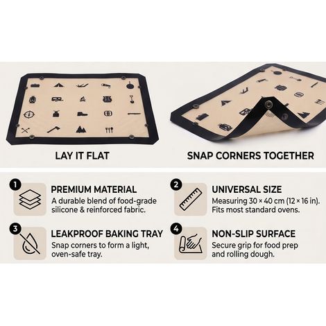 Les coins du tapis de cuisson en fibre de silicone s'emboîtent pour former un revêtement de four étanche avec boucle. (1/5)