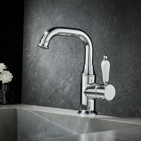 Robinet de lavabo pivotant : Corps en laiton, poignée en céramique, bec pivotant à 360°, finition argentée électroplaquée