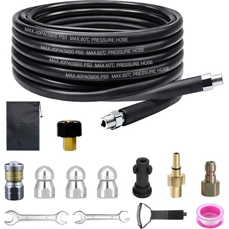 Tuyau de nettoyage de canalisations pour nettoyeur haute pression 10 m - Kit universel avec buses et adaptateur - 200 bar - Convient pour nettoyeur haute pression comme Karcher K2-K7 et Bosch - Pour (1/5)