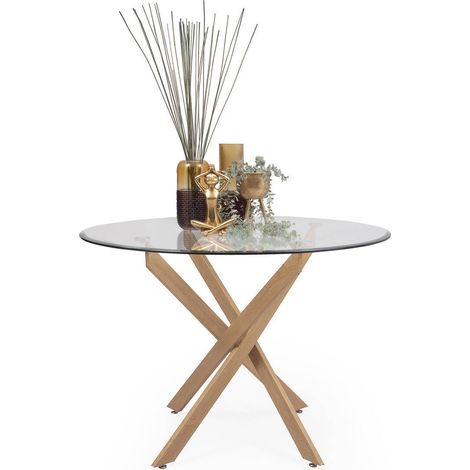 Mesa de comedor redonda DALILA, cristal templado, estructura metálica en acabado madera, de 110x73 cm (1/3)