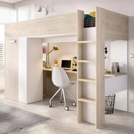 Dmora - Composición del dormitorio Focoletta, Dormitorio completo, Dormitorio infantil, Conjunto de muebles de puente, 206x111 h178 cm, Blanco y Roble (1/5)