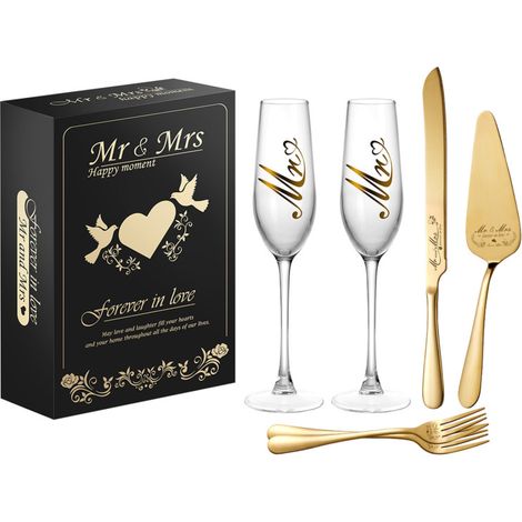Coffret cadeau de fiançailles « Monsieur et Madame » en acier inoxydable avec verre à champagne et coupe-gâteau (doré) (1/5)