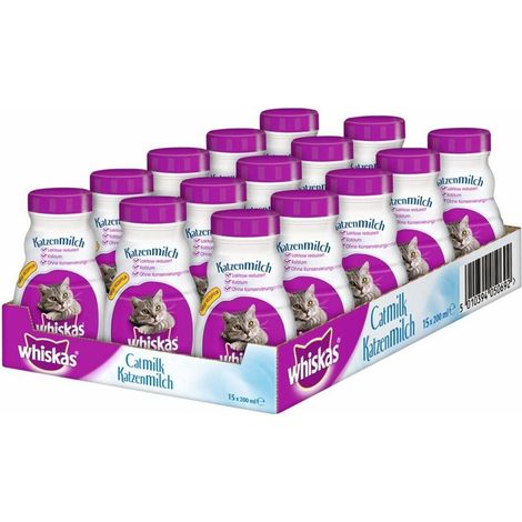 whiskas Latte per Gatti a Partire da 6 Settimane, 15 Bottiglie, 15 x 200 ml, Delizioso Snack per Un Gatto Felice, Prodotto da lattosio e Facilmente digeribile, 3 l (Confezione da 1) (1/5)
