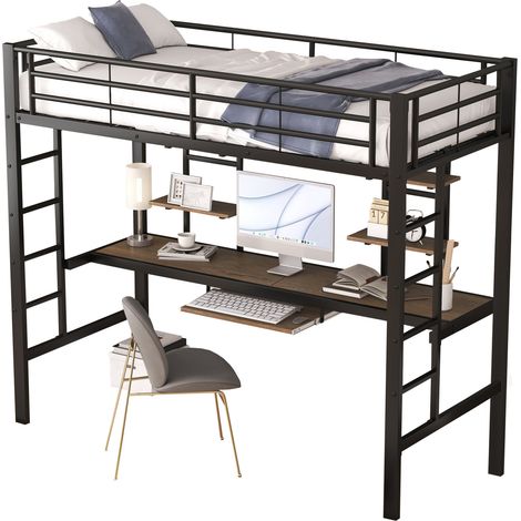 Lit mezzanine métal 90x200 avec bureau, deux bibliothèques et échelle, pour enfants et adultes, noir, gain de place - CHICFURN (1/5)