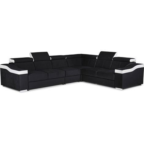 Mobilier Deco – Canapé d'angle convertible réversible en tissu velours noir et simili blanc – Confort pour 6 personnes – Design contemporain chic