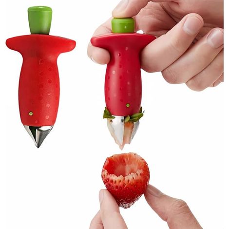 Lot de 2 éplucheurs à fraises, éplucheurs à tomates et à ananas en acier inoxydable - Élimine rapidement les tiges et les cœurs, système d'ouverture facile par rotation, poignée rouge antidérapante en (1/5)