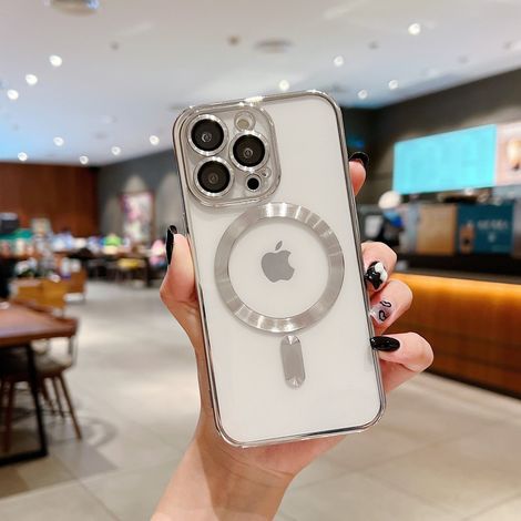 Étui argenté transparent avec revêtement magnétique et protection d'objectif pour iPhone 17 Pro Max