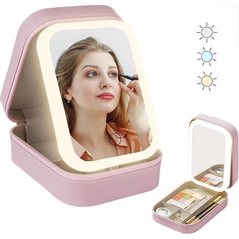 Caja organizadora de cosméticos - todo en uno - con luz y espejo - 3 modos - compacta y ligera - rosa (1/5)