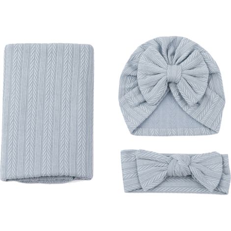 3 pièces Couverture d'emmaillotage Bandeau Set Coton Polyester Texture Blé Couleur Unie Élastique Enveloppe Bleu (1/5)
