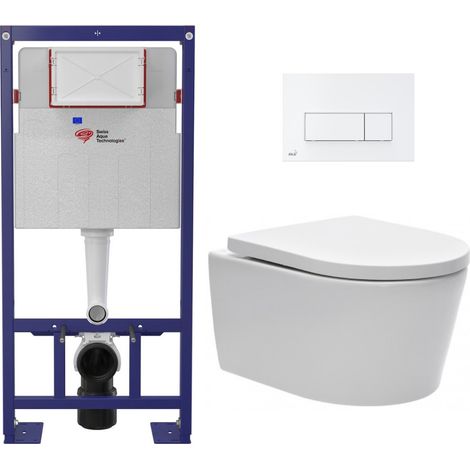 Swiss Aqua Technologies – Pack WC suspendu sans bride – Bâti-autoportant avec fixations invisibles – Abattant SoftClose – Plaque blanche brillante – Compact 48 cm