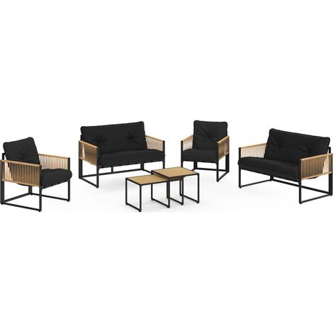 Idmarket – Salon de jardin bas 6 places – Structure métal noir – Coussins polyester noir – Cordage effet rotin clair – 2 fauteuils et 2 sofas