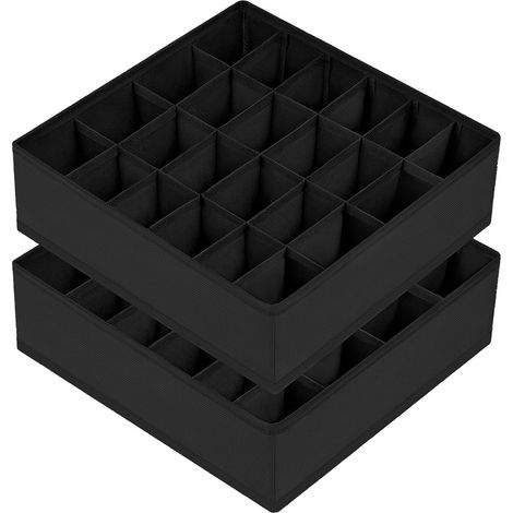 Schwarze Aufbewahrungsboxen für Sockenschubladen, 30 x 30 x 9 cm, 2er-Set, 24 Fächer. (1/5)