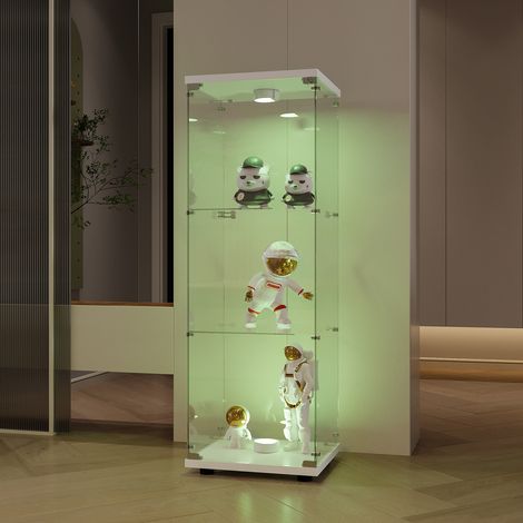 Vitrina de una puerta con 3 estantes, con cerradura y luz LED, para objetos de colección, taquillas de cristal para oficina y sala de estar, color blanco. (1/5)