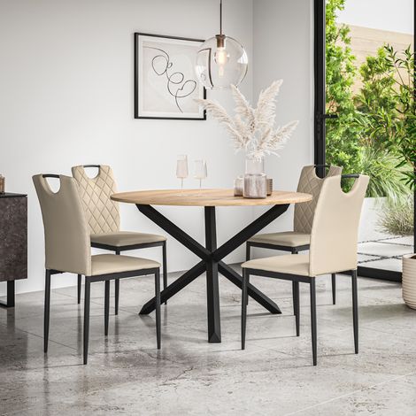 Malvern Round Dining Table And Chairs - Oak Table Top w Solid Oak Black Legs + Monza Faux Leather Dining Chair Set Of 4 (Beige) (1/5)