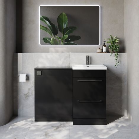 Napoli 390 Cento Matt Black 1100mm 2 Drawer Vanity Unit Toilet Suite with Glide Basin - 1100mm - Gunmetal Grey 320mm HandleWithout Kingston Toilet Pan