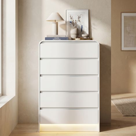 Cassettiera per camera da letto, 73x40x110cm, con 5 cassetti e illuminazione LED, in legno, stile moderno, bianco (1/5)