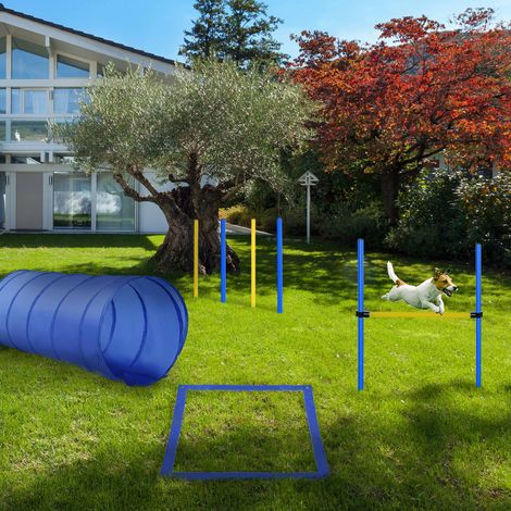 Sport d'agilité pour chiens : équipement complet comprenant obstacles, tunnel, slalom, aire de repos + 2 sacs de transport bleus et jaunes