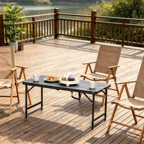 Mesa de jardín plegable regulable en altura 118 x 60 x 74 cm, acero y HDPE, negra DESVIAE (1/5)