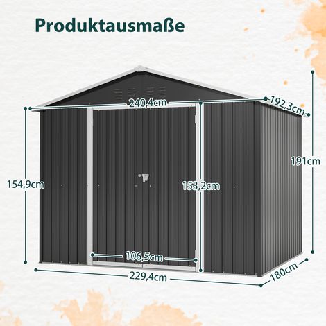 Abri de jardin/remise à outils en métal 240 x 192,3 x 191 cm avec porte coulissante et 4 aérations, abri de jardin verrouillable (1/4)