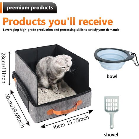Bac à Litière Portable pour Chat Pliable de Voyage Imperméable avec Parois Hautes Caisse à Litière Légère pour Voiture et Extérieur Kit avec Pelle et Écuelle