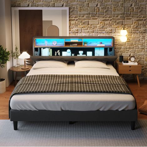Cama doble tapizada 140x200 cm gris, madera maciza y metal, cabecero con almacenaje y LED, somier de láminas (1/5)