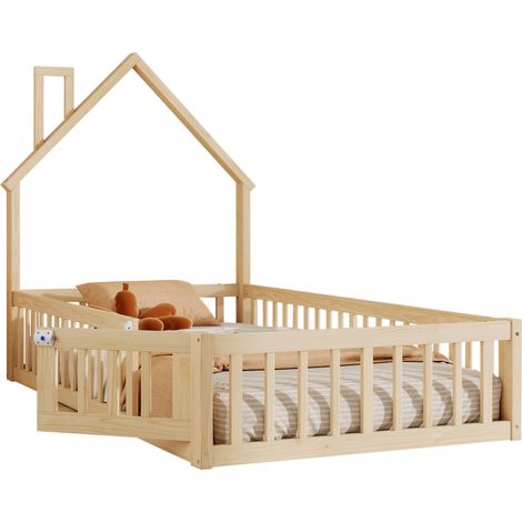 Lit cabane enfant 90 x 200 cm avec toit cheminée, sécurité tout autour, sommier à lattes, en bois de pin et MDF, pour chambre enfant – CHICFURN (1/5)