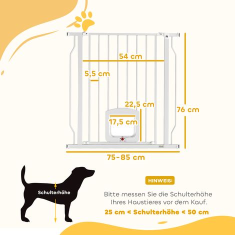 Barrière d'escalier/de porte avec chatière, sans perçage, 75-85 cm, acier, pour chiens, escaliers, porte, blanche (1/5)