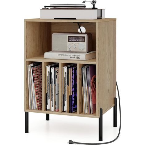 COSTWAY Supporto per Giradischi, Porta Vinili con 5 Scomparti di Archiviazione, Presa di Corrente e Porta USB e TYPEC, Gambe in Metallo, per Soggiorno, Camera da Letto e Ufficio (Naturale) (1/5)