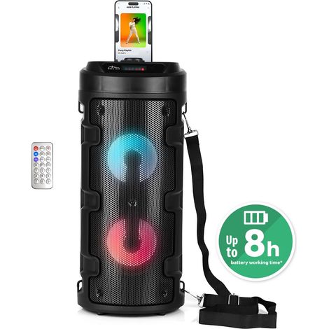 Partybox KEG BT - Altavoz compacto Bluetooth 5.0+EDR con funci贸n de karaoke. 40 W RMS, 1000 W PMPO, FM, pantalla LED, soporte para smartphone, bater铆a de iones de litio. Correa para el hombro y mando  (1/5)
