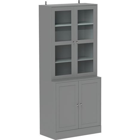 Bibliothèque vitrée grise, 6 niveaux réglables, 4 portes dont 2 en verre trempé, meuble de rangement à étagères ajustables