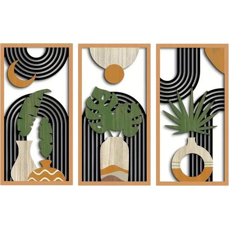 3 Pièces Sculpture Murale Bois Léger, Tableau Decoration Murale, Cadre Decoration Murale, Décor Boheme Chic, Art Mural Abstrait Moderne pour Salon, Chambre, Entrée, Galerie (1/5)