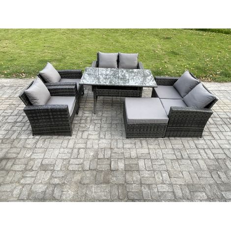Fimous Ensemble de meubles de jardin en rotin  7 places avec Table à manger oblongue DoppelsitzCanapé Grands Tabouret Gris foncé mélangé (1/5)