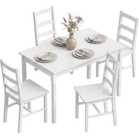 Ensemble de salle à manger 5 pièces pour 4 personnes, table rectangulaire et chaises en bois massif, idéal pour les petits espaces, blanc. (1/5)