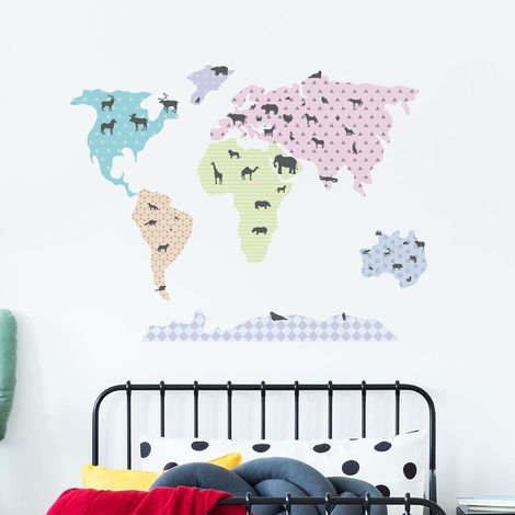 Stickers muraux enfants - Sticker carte du monde pastel + 45 animaux du monde - Autocollant pour enfant - 40 x 70 cm (1/3)
