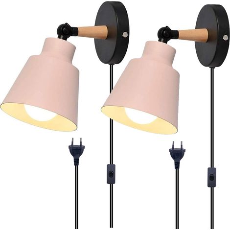 2 Pezzi Applique da Parete Vintage Regolabile Industriale in Metallo Legno Lampada da Parete Interiore con Interruttore E27 Cavo da 1.8M - Rosa (1/5)