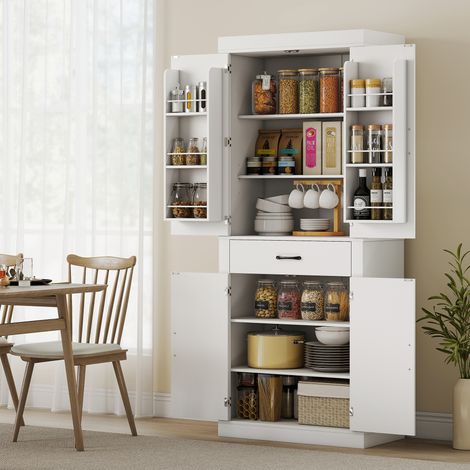 Garde-manger cuisine style campagnard 2 placards 6 étagères tiroir bois - Dimensions: 76x39,5x183,5 cm - Couleur: Blanc (1/4)