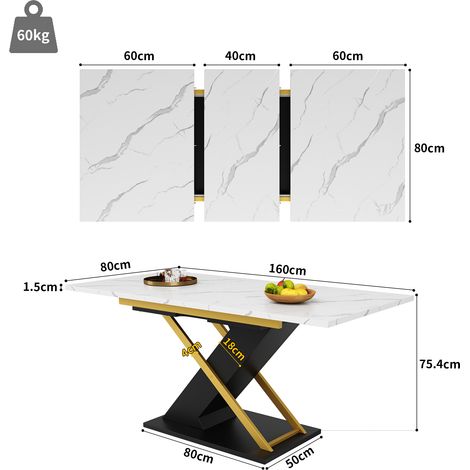 Table de cuisine extensible 120-160x80cm, table à manger avec rallonge intégrée jusqu'à 160cm, piètement croisé doré, idéale pour salon et repas en famille.