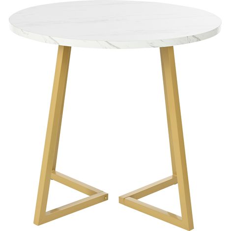 Mesa de comedor redonda de 80 cm en MDF con estructura metálica blanca y dorada (1/5)