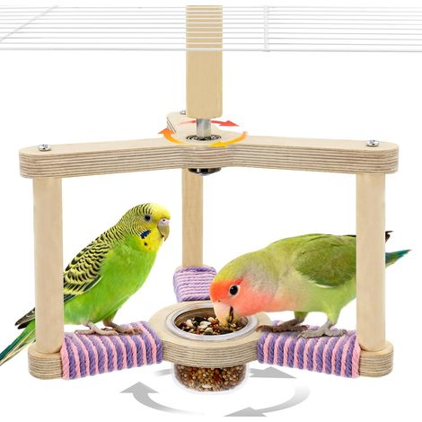 Juguete giratorio para pájaros con comedero, percha giratoria de 360° con cuerda para un agarre suave, juguetes interactivos para pájaros, estructura de doble capa con múltiples perchas para que las c