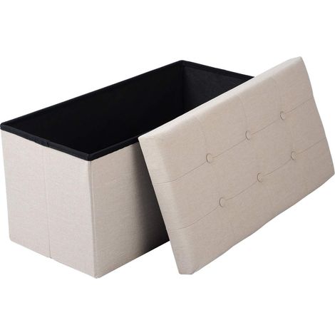 Taburete de lino baúl con almacenaje funda extraíble blanco crema 190000434