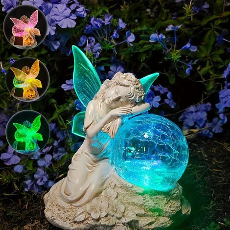 Statue de jardin de fées à énergie solaire avec boule de verre lumineuse - sculpture en résine imperméable, décoration de terrasse. (1/5)