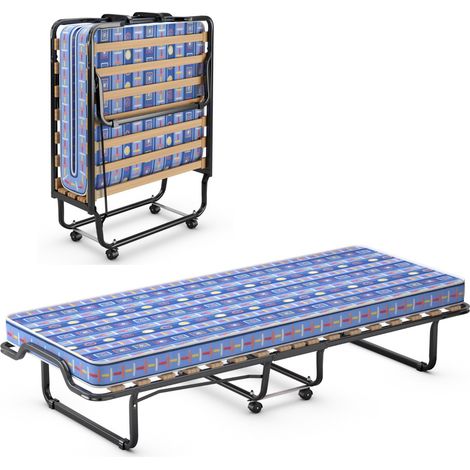 Letto brandina con materasso in memory foam struttura resistente 4 ruote girevoli, Lettino pieghevole per casa Blu (1/3)